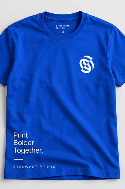 Electric blue T-shirt printed with the Stalwart Prints mark and the words Print Bolder Together.